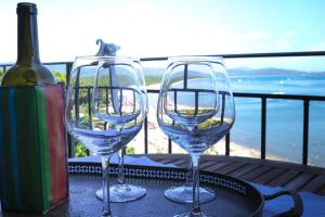 蒙泰亚尔真塔廖Villa Federigo - Monte Argentario的两杯酒杯坐在桌子上,并配上一瓶葡萄酒
