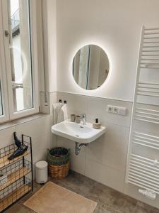 萨尔布吕肯Exklusives Apartment im Herzen Saarbrückens的一间带水槽和镜子的浴室
