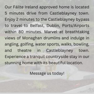 莫纳汉Laneside Haven - Accessible Gated Retreat - 5 Minutes from Castleblayney with Garden & Recreation Room!的一张带有房子照片的文字页