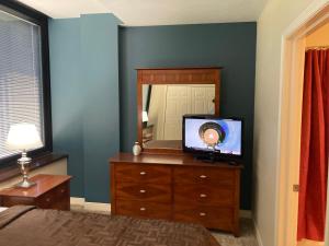 匹兹堡River View的一间卧室配有带镜子的梳妆台,电视