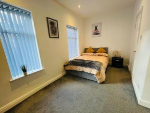 特伦特河畔斯托克Luxury Double & Single Rooms with En-suite Private bathroom in City Centre Stoke on Trent的一间卧室设有一张床和两个窗户。