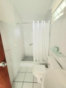 拉哈斯Nautilus by La Jamaca Hotels-Downtown La Parguera的白色的浴室设有卫生间和淋浴。