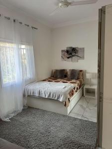 班珠尔Luxury 2 bedroom flat KerrSerign的白色的卧室设有床和窗户