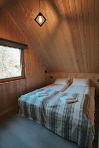 HopenLofoten Cabins的配有窗户的小木屋内的一张大床