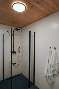 HopenLofoten Cabins的带淋浴的浴室和挂在墙上的毛巾