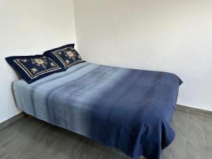 南迪Peace Hut的一张带蓝色床单和枕头的床