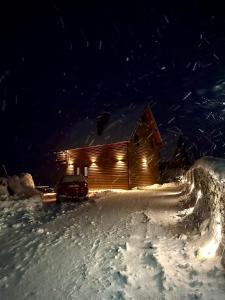 佩奇Villa Liqenat的小木屋,晚上有雪灯