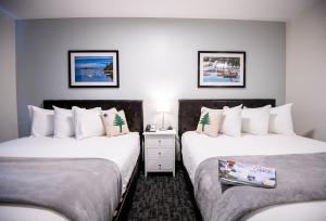巴港Main Street Motel的配有白色墙壁的酒店客房内的两张床