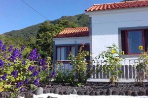São CaetanoSunflower Guest House - Pico的白色的房子,有栅栏和紫色的鲜花