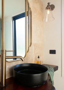 Hilltop Off Grid Tiny House with Outdoor Bath的浴室内的一个黑色碗水槽,配有镜子