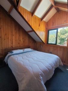 富伊港Hostal Tintica Buey Puerto Fuy的卧室配有一张木墙内的大床