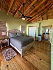 乌蒂拉Casa Corazon Striking Beach Home的一间卧室配有一张床和吊扇