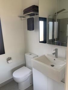 Yandina扬迪纳大篷车公园露营旅馆的白色的浴室设有卫生间和水槽。