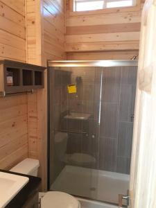 瓦莱93 Star Gazing Tiny Home Sleeps 8的浴室设有玻璃淋浴间和卫生间