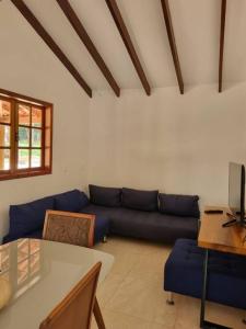 皮雷诺波利斯Sítio Quinta da Mata Chalé Amarelo的客厅配有蓝色的沙发和桌子