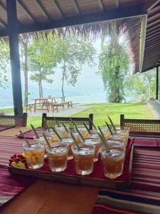BantarkalapaTerrace Villa - Pelabuhan Ratu的桌子上装着一盘酒杯的托盘