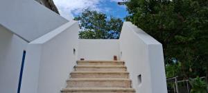 巴卡拉尔Posada Mykonos的通往白色栅栏的楼梯