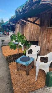 莫阿尔博阿Nirvana Bamboo & Dive resort的一组白色椅子和一张桌子,位于一座建筑前面