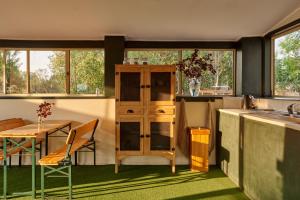 滕特菲尔德Tenterfield Lodge Caravan Park的厨房配有桌子和桌子,还有一些窗户