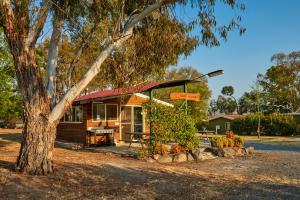 滕特菲尔德Tenterfield Lodge Caravan Park的一个小小屋,有树和标志