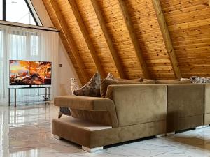 盖贝莱Qafqaz Mountain Chalet的带沙发和电视的客厅