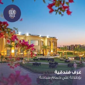 开罗فندق أورو بلازا ORO Plaza Hotel的一座大建筑前面有粉红色的花朵