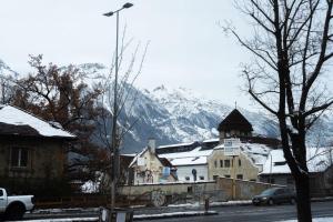 因斯布鲁克Wohnen auf Zeit - Studiowohnung Innsbruck的一座有雪覆盖的山的建筑