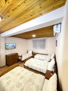 斯库台Shkodra Guest House的一间设有两张床和一台电视的房间