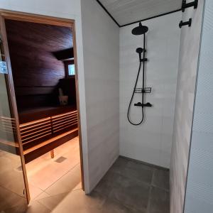 索特Iso-Syöte Villa Remo的带玻璃门的浴室内的步入式淋浴间