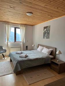 潘波洛沃Pamporovo Rhodopi Pearl Apartments的一间卧室设有一张带木制天花板的大床