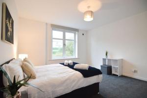 法夫Contemporary 3 Bedroom Flat的一间卧室设有一张大床和一个窗户。