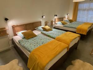 金洛伊Vakantiewoning Het Wielje Maasland的两张位于房间的床,上面有黄色的盖子