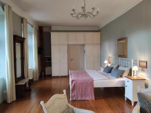 NeuhausenGartenzimmer im Schloss Neuhausen的一间卧室配有一张床和一个吊灯