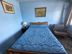 拉顿Maverick Motel的蓝色卧室,配有床和椅子