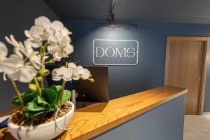 梅利哈DOMS Boutique Living的座在台上带有标志的盆栽植物