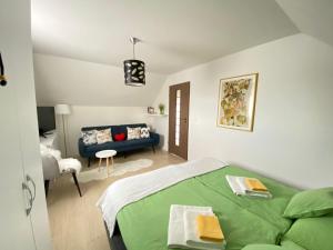 Şura MareVilla Luiza的一间卧室配有绿色的床和蓝色的沙发