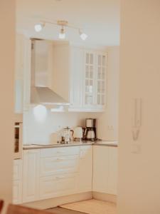 胡萨维克胡萨维克老校舍公寓的白色的厨房配有白色橱柜和电器