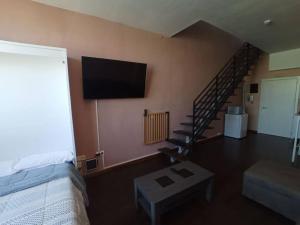 马德里El Rincón de la Gavia的卧室配有一张床,墙上配有电视。