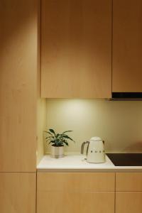 柏林Mr(s)STiL Design Apartments的厨房柜台配有烤面包机和植物