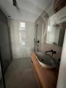 萨姆瑙恩Samnaun, ChaletdMot的一间带大水槽和淋浴的浴室
