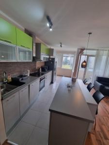 Novi BeogradHawaii 08, 2 bedrooms, with garage的厨房配有白色的柜台和绿色的橱柜