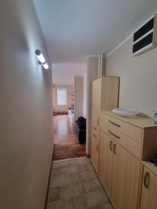 Novi BeogradHawaii 08, 2 bedrooms, with garage的厨房配有冰箱和木制橱柜。