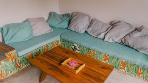 帕洛米诺La Floristería的蓝色的沙发、枕头和木桌