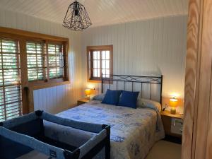蓬特亚雷亚斯A Leira的一间卧室配有一张带蓝色枕头的床