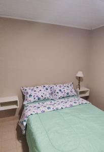 美洲花园La Rosadita House的一间卧室配有一张带绿色棉被的床