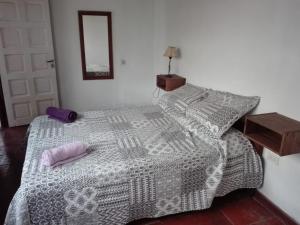 马德普拉塔Casa del Bosque的卧室配有一张带白色和灰色棉质床罩的床。
