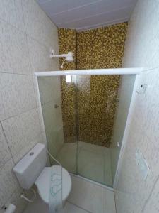 马拉戈日Barra Grande Pousada的一间带玻璃淋浴和卫生间的浴室