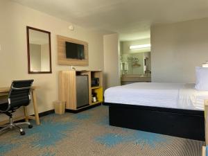坦普尔寺院戴斯酒店的酒店客房配有一张床、一张桌子和一把椅子。