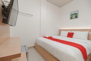 邦加槟港RedDoorz at Homestay Lotus 2 Pangkal Pinang的一间卧室配有一张床和一台平面电视
