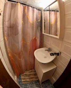 萨莫色雷斯Sun Oniro Studio的一间带水槽和淋浴帘的浴室